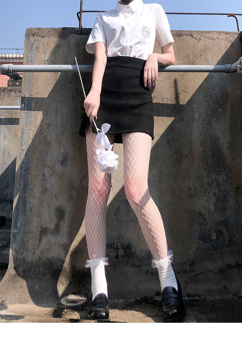 jk性感渔网袜夏季薄款学生日常百搭连裤袜子黑白纯色辣妹 白色 中小棱