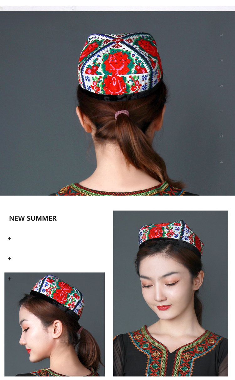 南极人21春夏季新款帽子新疆维吾尔族帽子女新疆舞头饰带辫子绣花维族