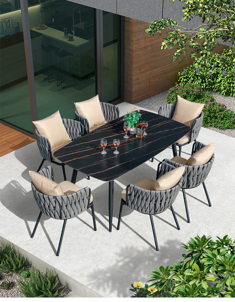 嘉勒美北欧餐桌休闲庭院花园户外桌椅室外露台家具阳台套装 6椅+160*90CM黑岩板长桌