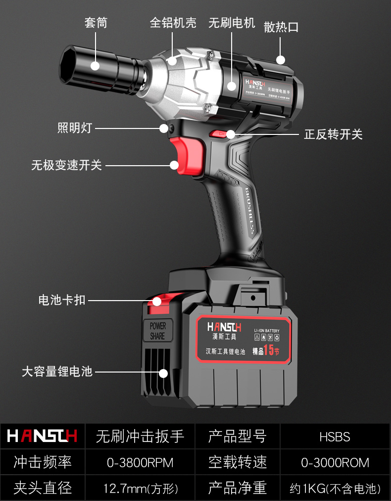 德国进口无刷电动扳手锂电充电扳手大扭力冲击汽修脚手架套筒无刷重载