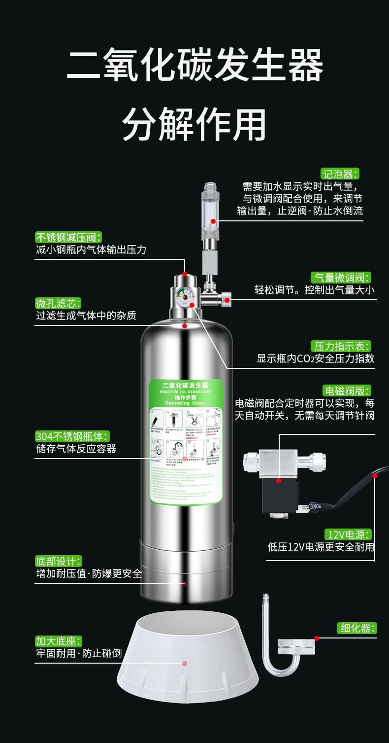 专用二氧化碳钢瓶鱼缸diy小苏打柠檬酸自制免充气co2钢瓶套装高压气瓶