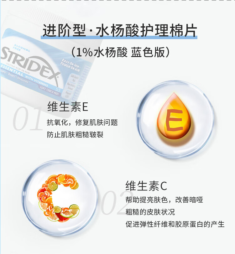 施颜适（Stridex）美国进口水杨酸净颜洁面控油祛痘闭口55片水杨酸棉片深层清洁毛孔 绿罐【新手型建议初次使用】