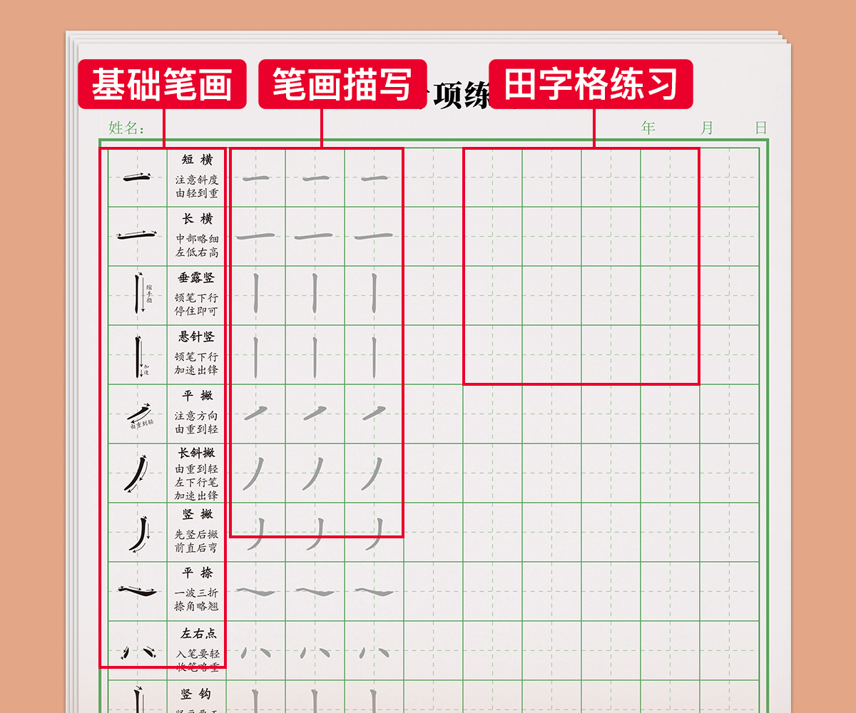 田字格硬笔书法纸练习专用笔画笔顺练字帖偏旁部首专训楷书入门基础