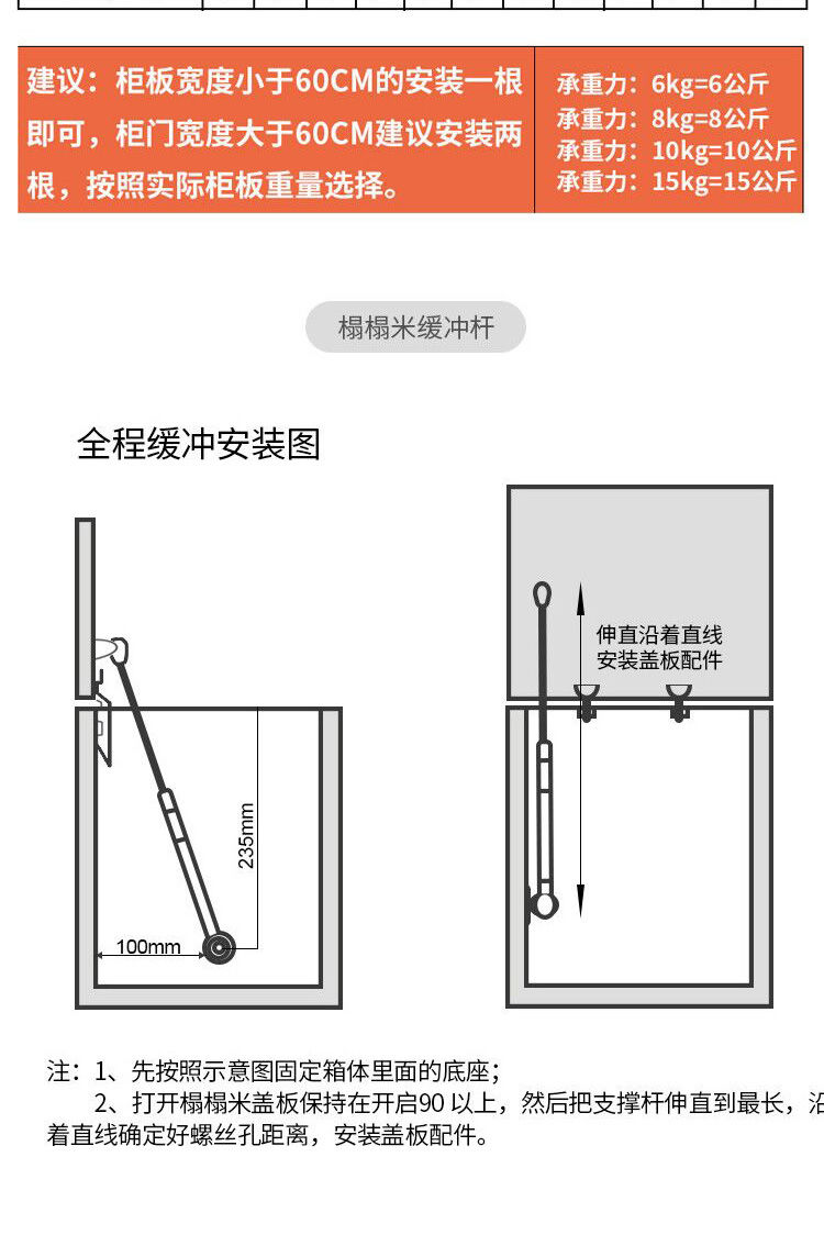 上翻门液压撑杆榻榻米橱柜液压杆支撑杆气压撑杆弹簧气撑家用配件 60n