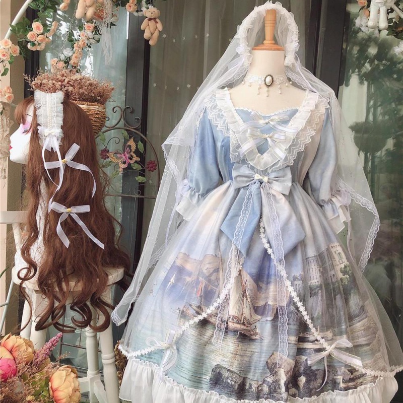 子女逗酱原创天鹅公主的城堡lolita花嫁油画柄图宫廷仙华丽梦幻连衣裙