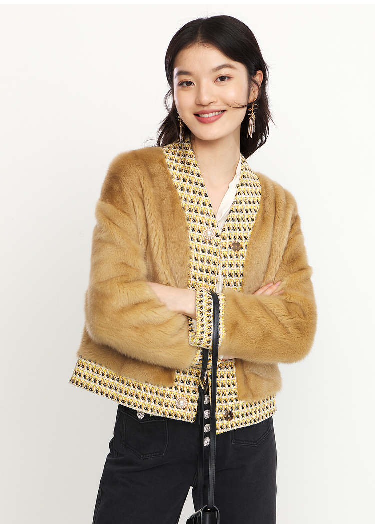 yiner音儿音儿女装2020冬季新款粗花呢拼接水貂毛皮草
