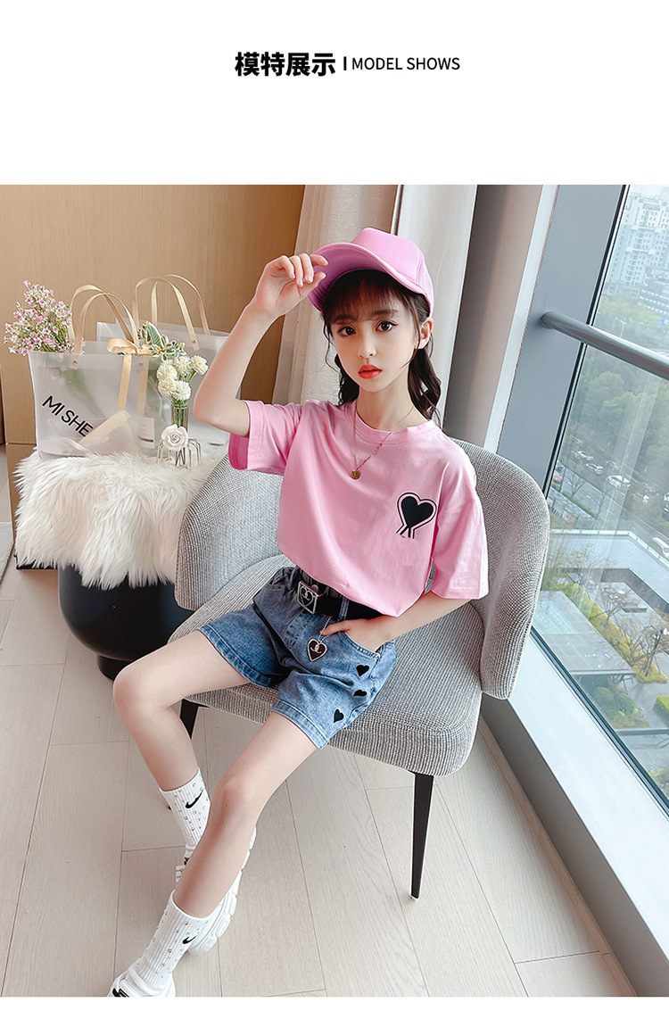 vs夏装女童网红套装2021新款洋气牛仔短裤12女孩衣服15岁中大童女装