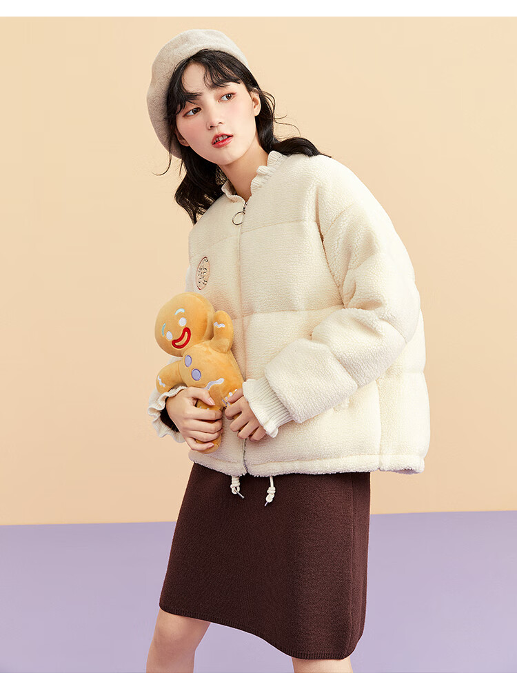 新品乐町2020年冬季新款网红小个子短款木耳边拼接羽绒服外套白色现货