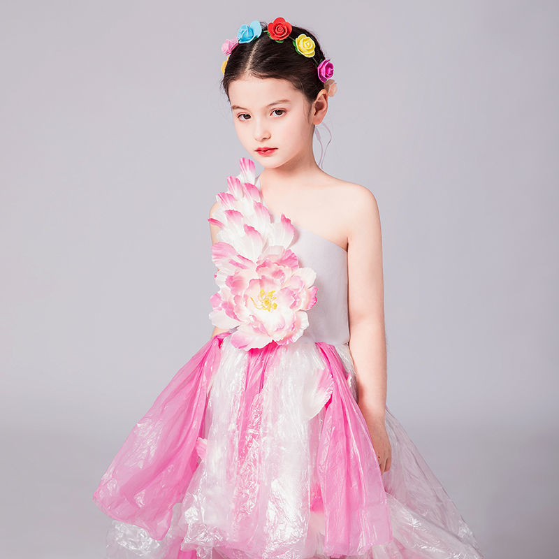 六一儿童时装走秀演出服幼儿园创意手工制作diy环保走秀服装 粉色大花