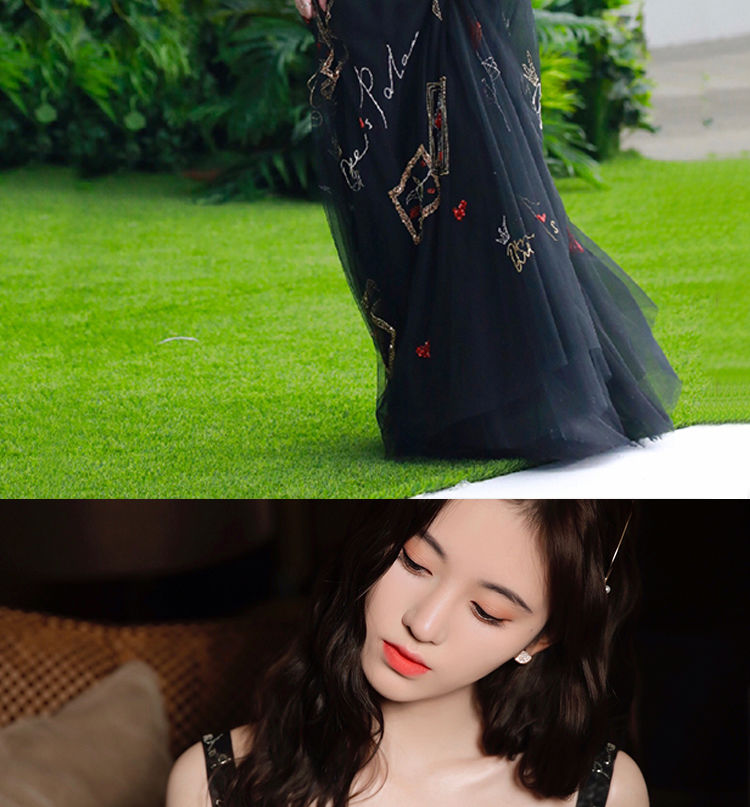 2020夏季鞠婧祎吊带扑克牌刺绣网纱连衣裙长裙礼服伴娘服女裙子 黑色