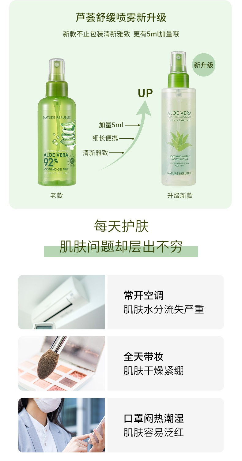 自然乐园（NATURE REPUBLIC） 芦荟保湿补水喷雾爽肤水油护肤晒后修护清爽不油腻 155ml