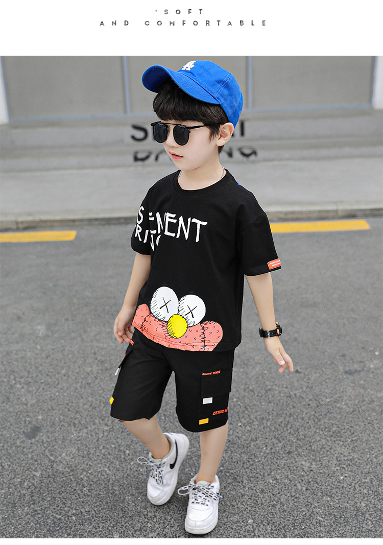 夏季新款韩版儿童洋气休闲中大童1-12岁小男孩帅气卡通印花短袖两件套