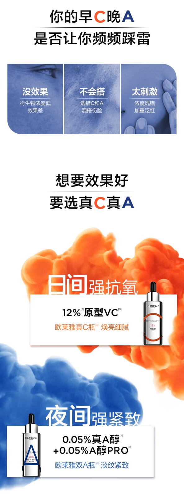 欧莱雅（L'OREAL）早C晚A精华套装双A瓶真C瓶精华液修护保湿滋润紧致视黄醇抗皱精华 真C瓶精纯紧致维C精华15ml无滴管