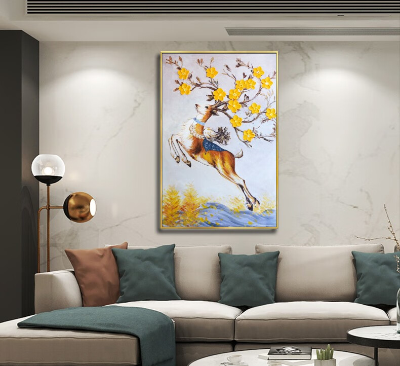 旭泽纯手绘油画定制梅花鹿新古典动物客厅玄关装饰画麋鹿福禄呈祥入户