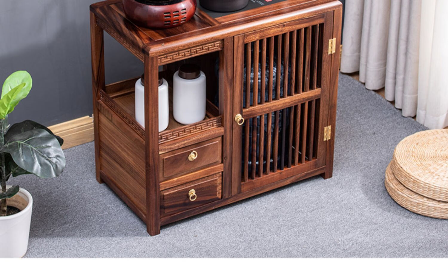 胡桃木茶柜实木烧水壶一体茶台家用小柜子茶具侧边中式茶水柜架子
