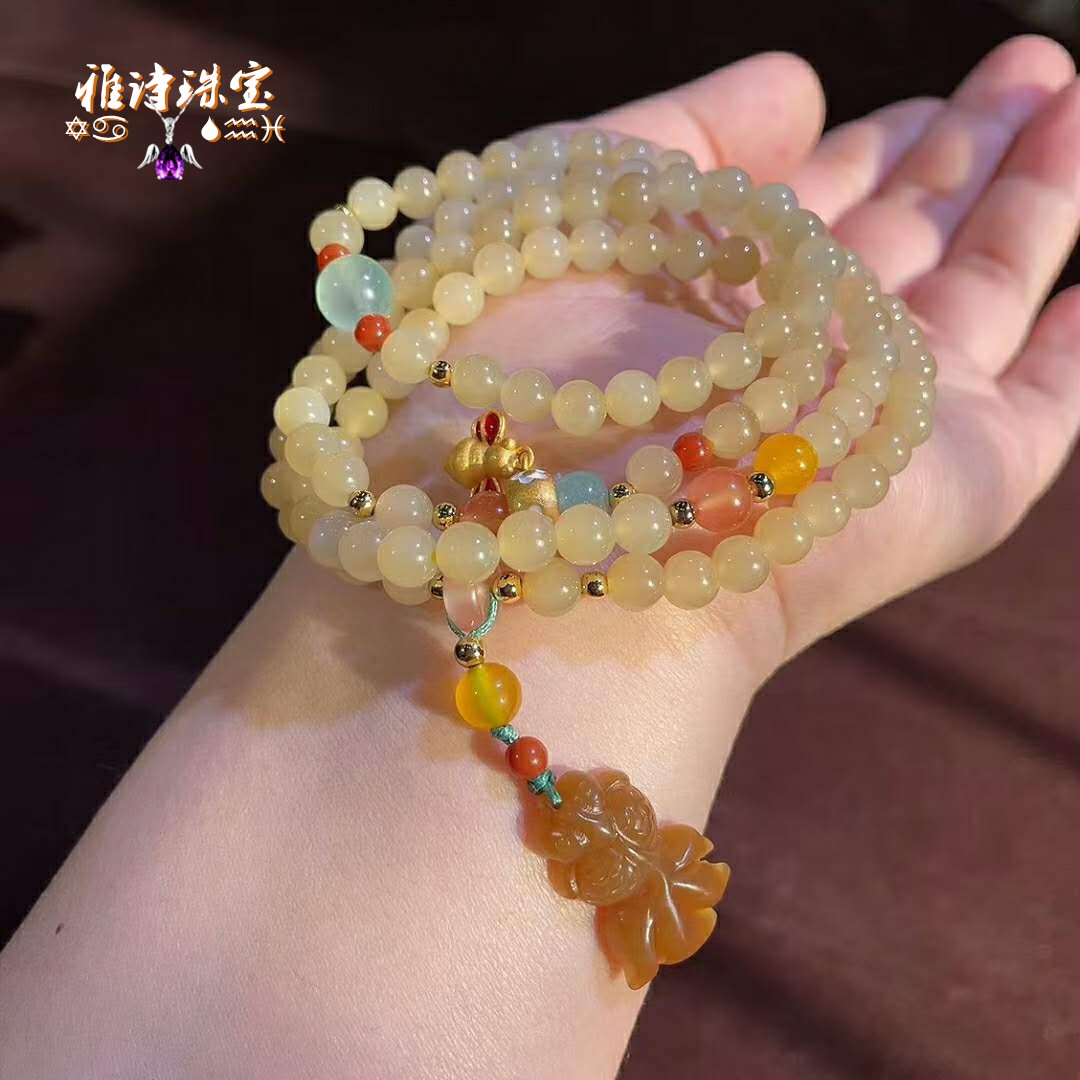 天然和田玉糖玉手链108粒佛珠且末糖6mm四圈手串可当项链图片色