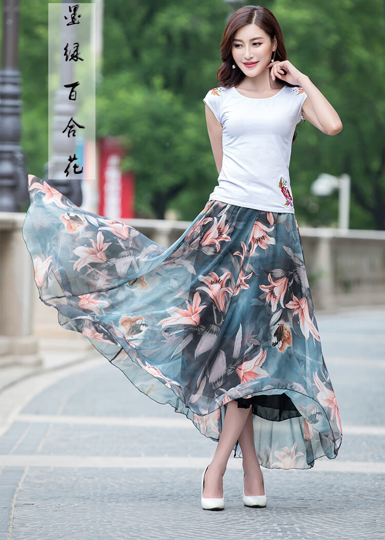 中年过膝夏季半身裙 夏季雪纺半身长裙女印花跳舞大摆