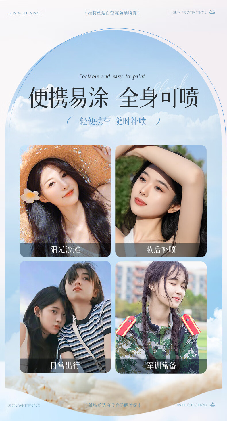 维特丝防晒霜喷雾美白遮瑕隔离紫外线男女士防水汗持久全身儿童学生军训 SPF50+ 150ml 海边沙滩户外专用