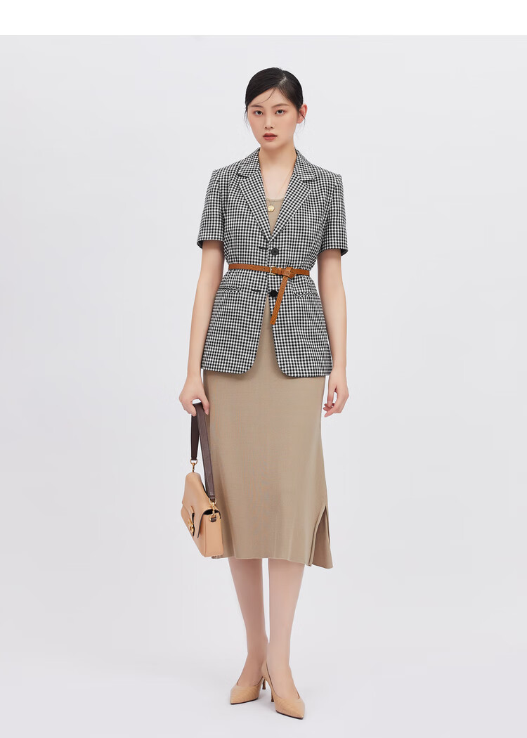 哥弟女装2021夏季新款时尚格纹减龄短袖小西装女套装半身裙a400582 格