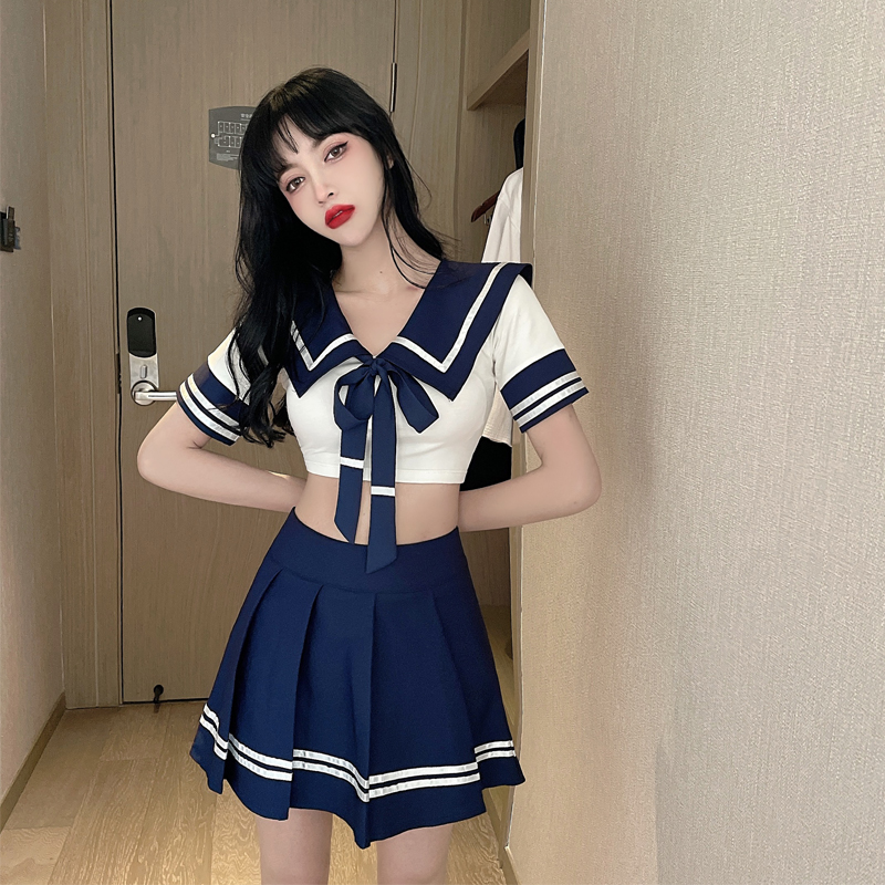 制服学生jk性感日系水手服清纯校服海军学院风短款上衣短裙套装 紫