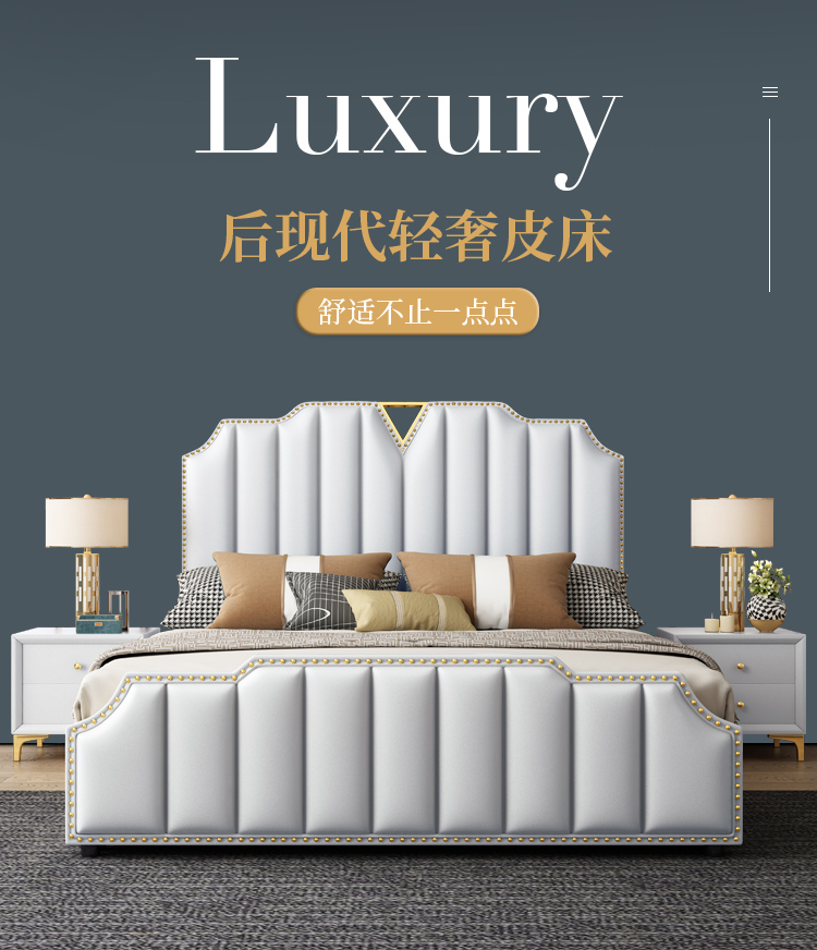 梵爱  床  纳帕皮床 双人床1.5/1.8米  轻奢现代简约欧式床美式轻奢床小户型主卧室家具 1.5M单床(不带床头柜+床垫) 框架结构(颜色尺寸备注)
