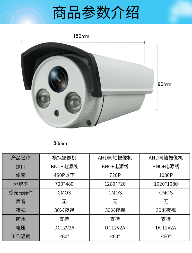 监控红外模拟摄像头cvbs1200视频线同轴高清ahd1080p圆接头有线 480p