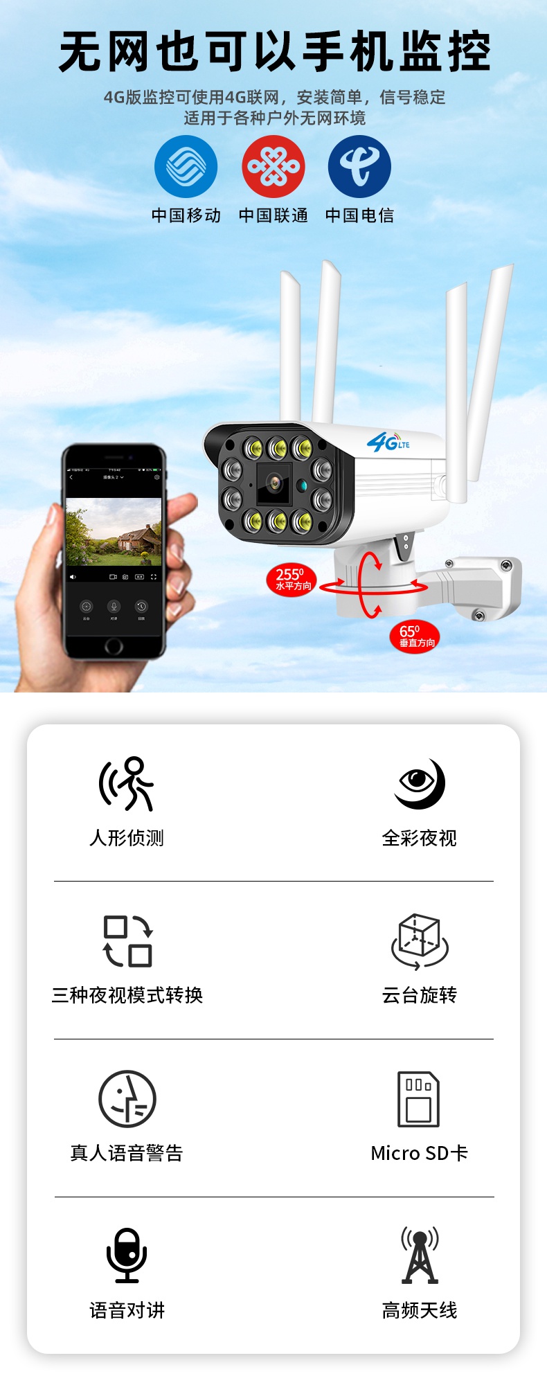 小眯眼4g室外家用手机远程监控器智能高清wifi网络监控摄像头 4g版