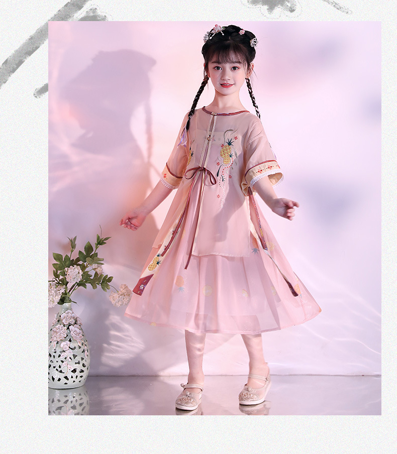 汉服女童夏装儿童古装仙襦裙中国风唐装女古装宝宝汉服裙子套装 粉色