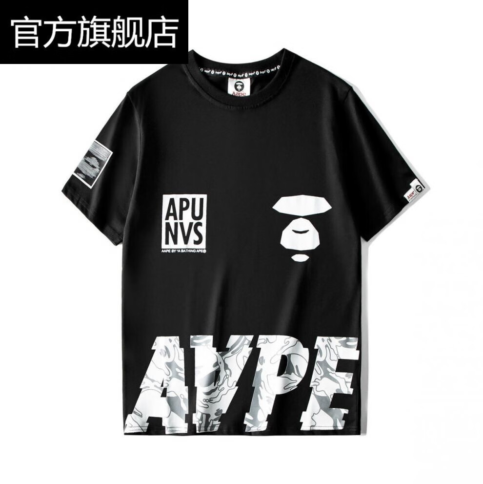 潮牌aape21a新款夏季男士黑白猿人头短袖字母印花棉情侣t恤女上衣604