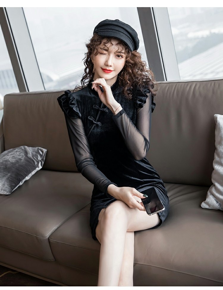 蚀骨改良版丝绒开叉旗袍裙女秋复古小黑裙修身网纱黑色长袖连衣裙黑色