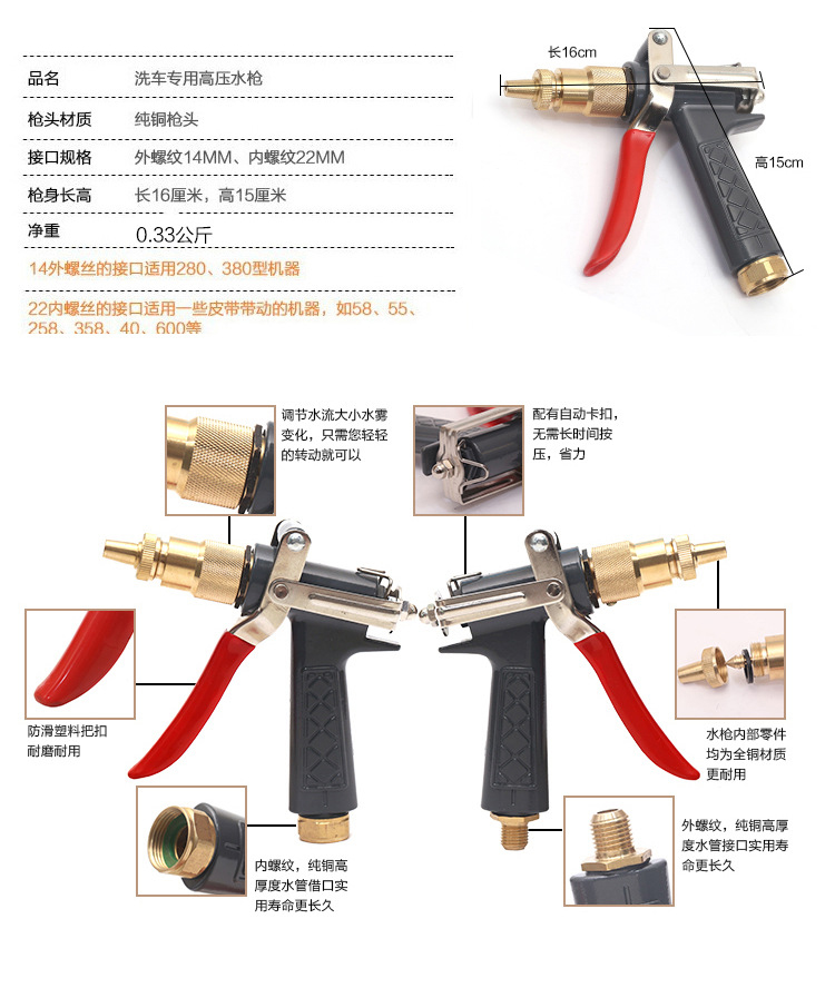 2022年新款黑猫洗车机高压喷枪清洗机家用2803805558通用铜水枪头360