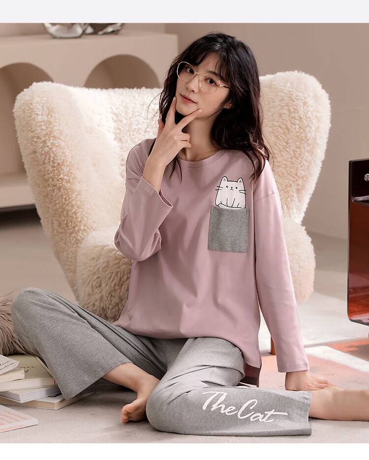 派邦奴睡衣女长袖春秋季纯棉圆领套头卡通休闲少女士睡衣家居服套装可
