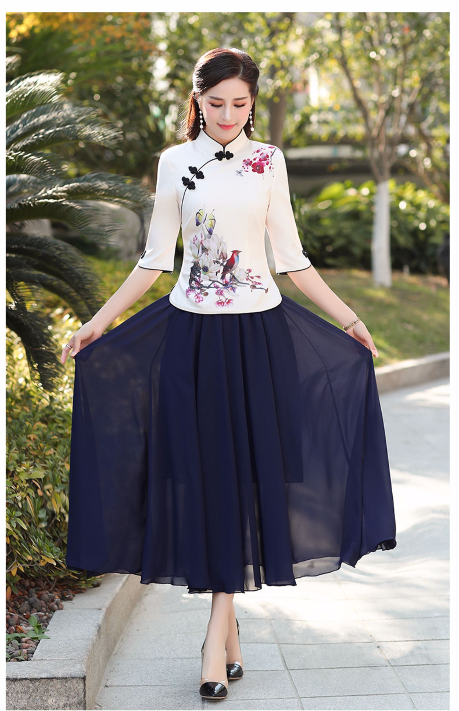 女古装民族唐装女夏旗袍上衣汉服两件套裙民国女装拍艺术照写真的衣服