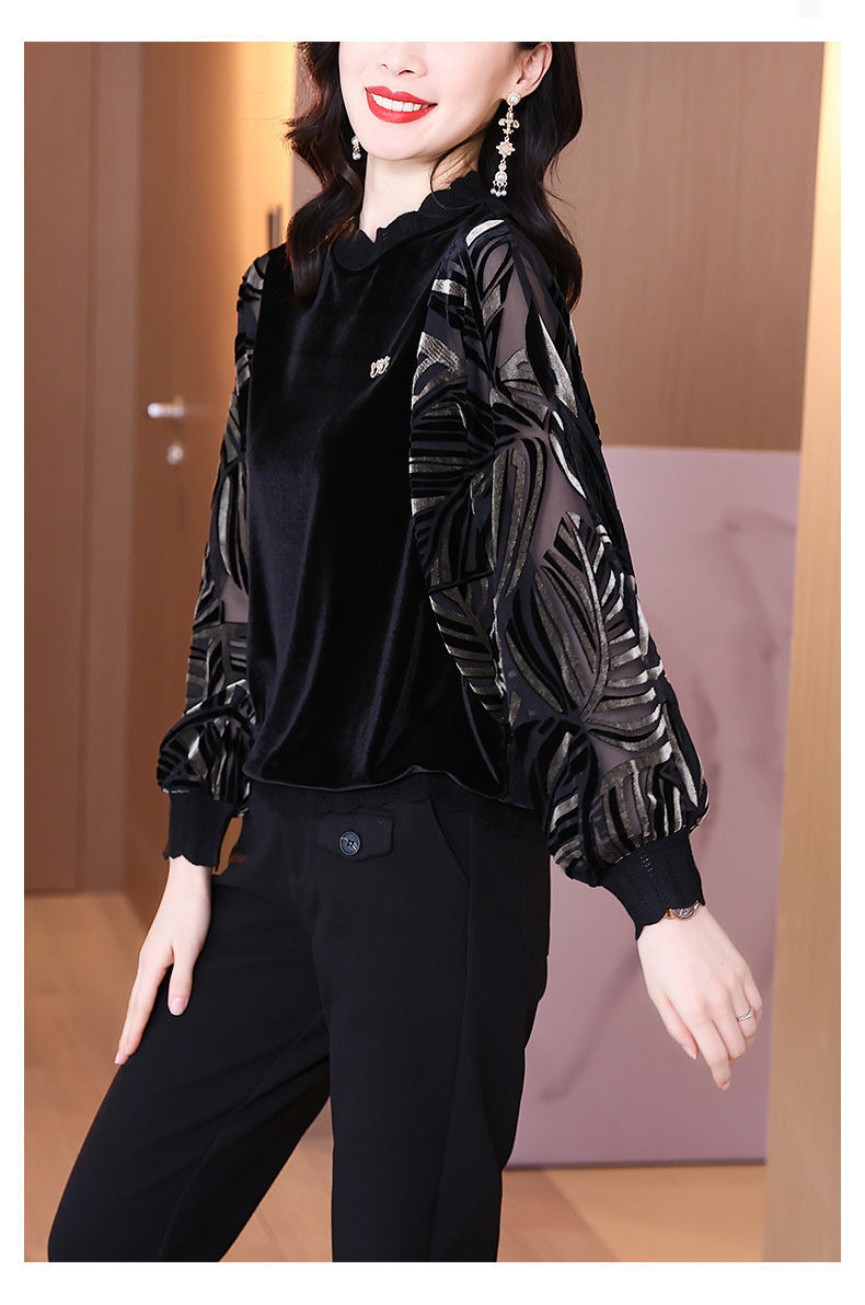 品牌欧货长袖上衣女2021秋装新款复古提花拼接金丝绒上衣时尚洋气小衫