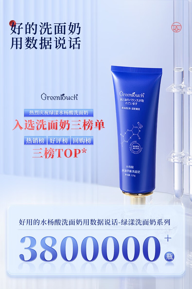 绿漾（Greentouch）水杨酸洗面奶祛痘抗痘去黑头修复紧致肌肤控油保湿深层清洁男士 240g  买1發6