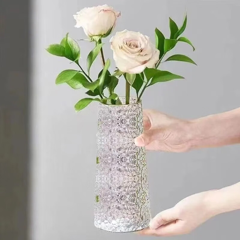 SIVIR收纳简约透明玻璃花瓶桌面插花水养花瓶ins风高颜值 竖条纹+冰川纹