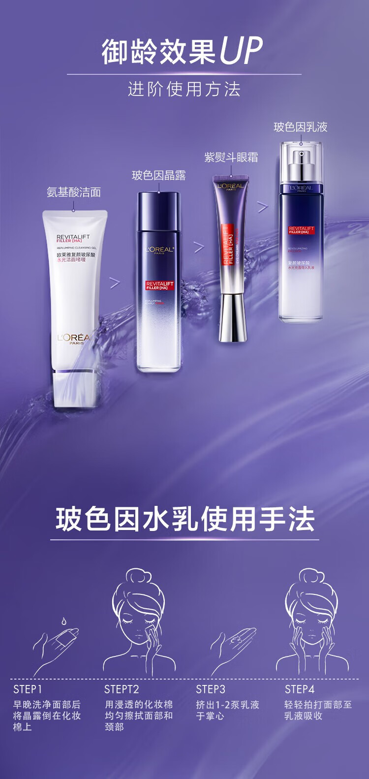 欧莱雅（L'OREAL）复颜玻尿酸玻色因水光充盈导入乳液晶露乳霜补水保湿女士护肤品 复颜玻尿酸导入水乳65ml+50ml