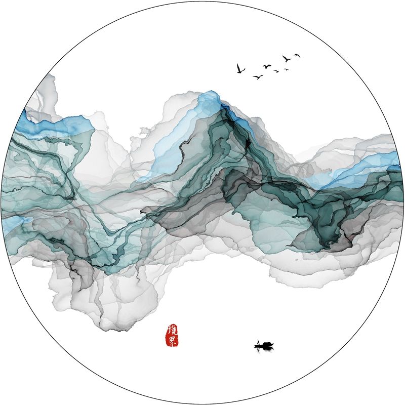 妮嫚新中式圆形装饰画创意禅意山水水墨画客厅背景墙进门玄关走廊挂画