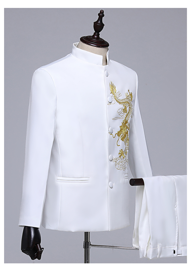 结婚婚服】南极人21年修身白色立领中山装中国风刺绣演出男士合唱礼服
