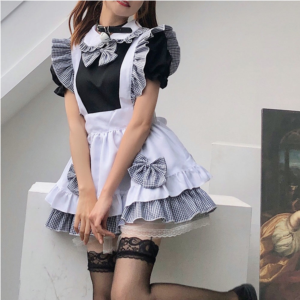 女仆装可爱萌系洛丽塔ita公主套装 cosplay黑白格蝴蝶结送头饰 全套