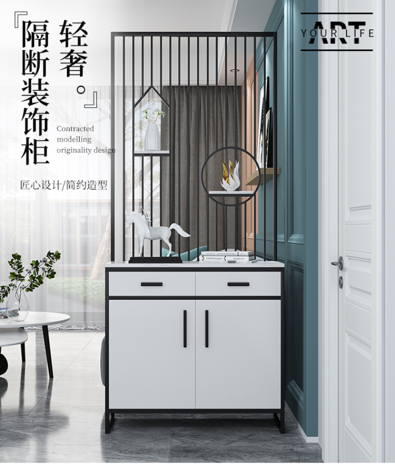 吉梵棠轻奢不锈钢铁艺入户玄关柜鞋柜一体屏风隔断客厅简约现代办公室岩板台面置物玄关隔断屏风墙遮挡10 黑色带抽屉长80宽35高220（碳钢）