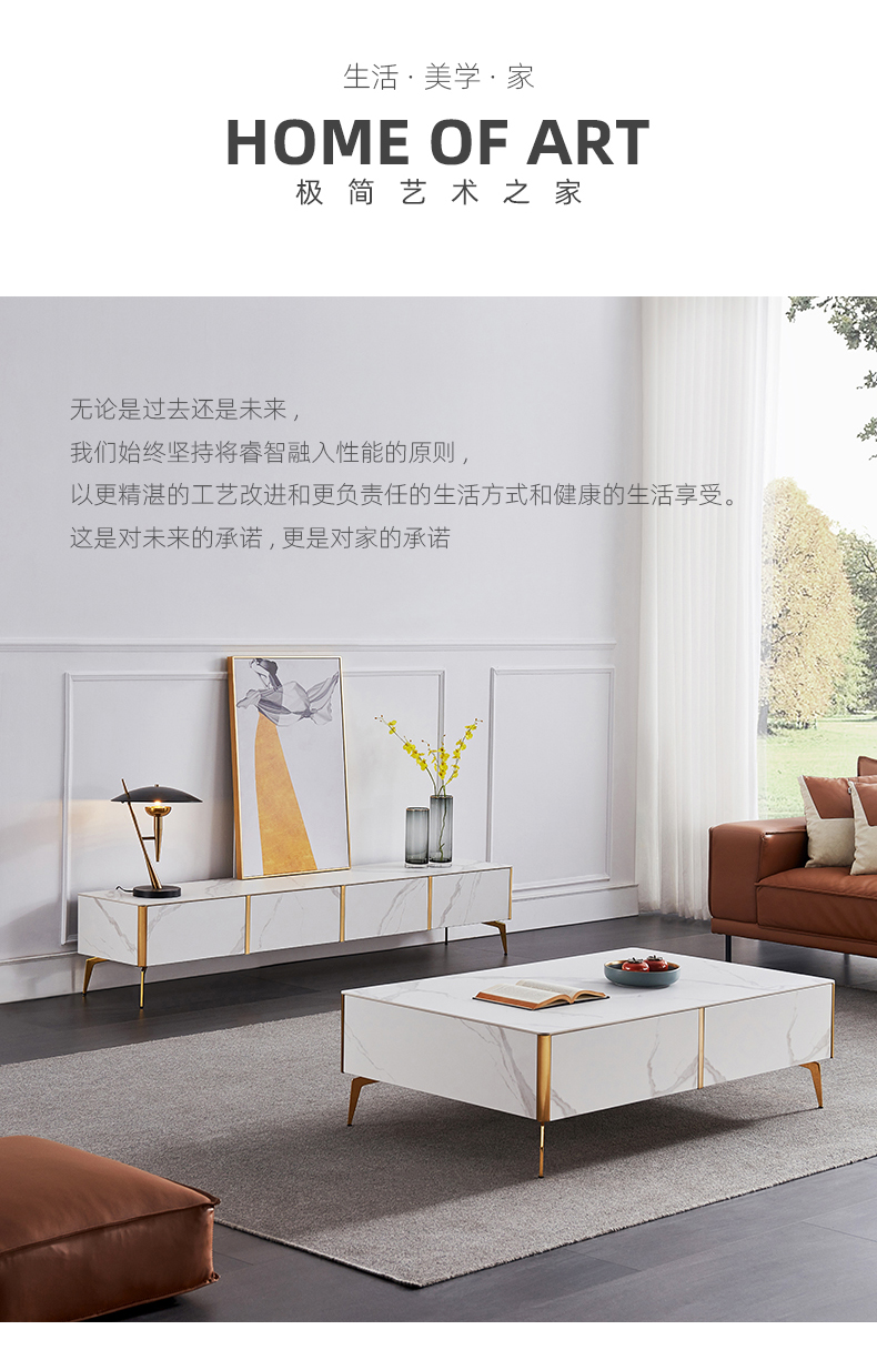 凯帝格 长方形岩板茶几电视柜组合简约大户型家用大厅现代轻奢风客厅家具 1.3米茶几