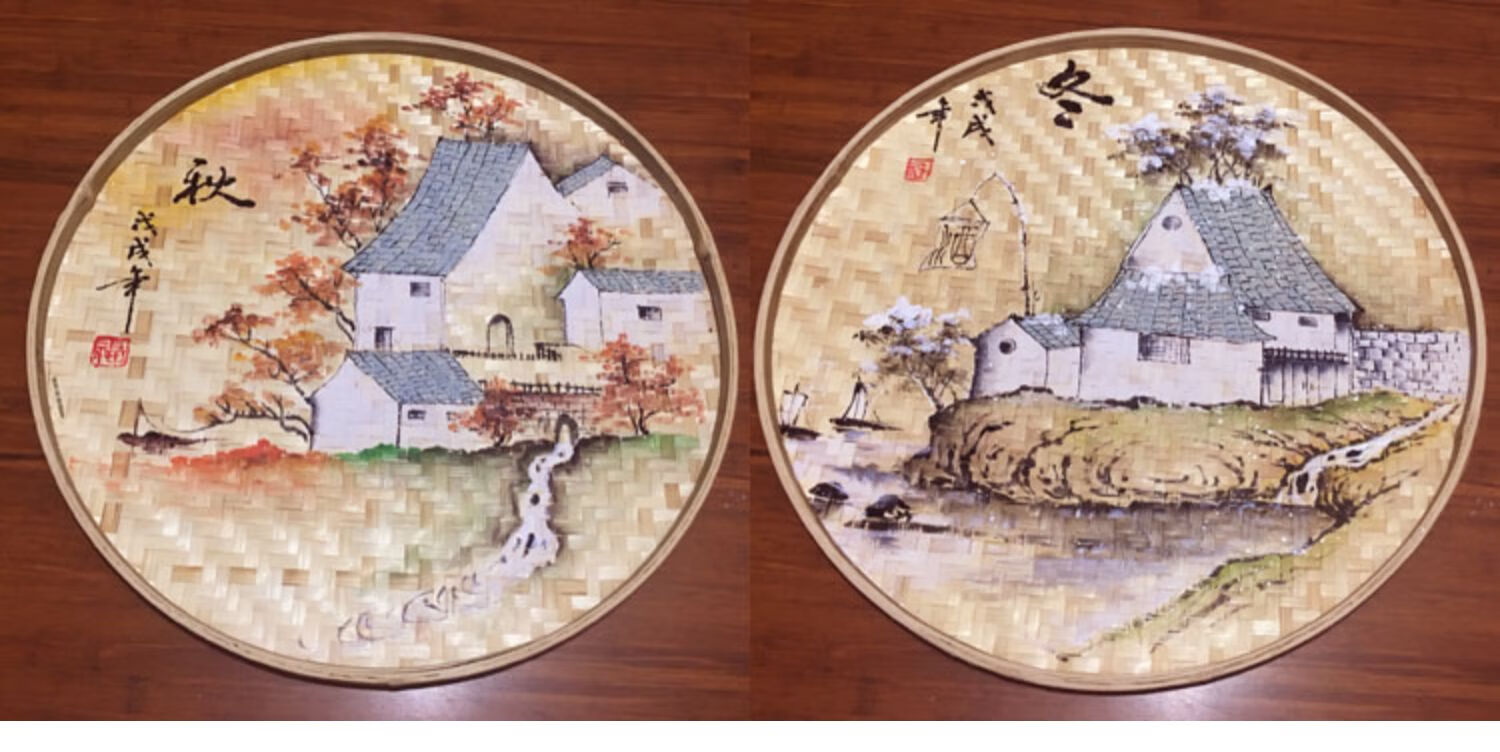 麦桑荷竹编制品竹编画手绘簸箕画手工装饰品工艺品竹筐画成品创意筛子