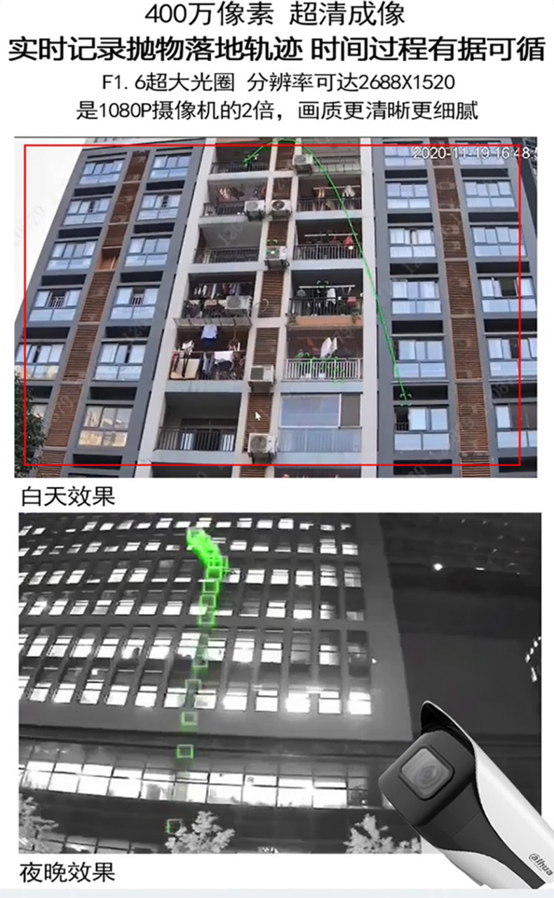 dahua大华高空抛物摄像头 400万变焦带抛物轨迹线监控
