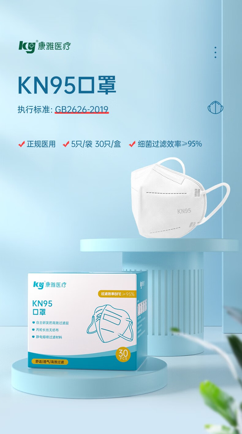 棉柔世家（FulCotton）KN95 康雅医疗 五层防护过滤效率大于95% 1盒装（30只/盒）