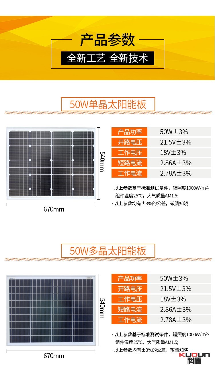 太阳能板太阳能发电板电池板12v家用光伏发电系统50w单晶670x540x25mm