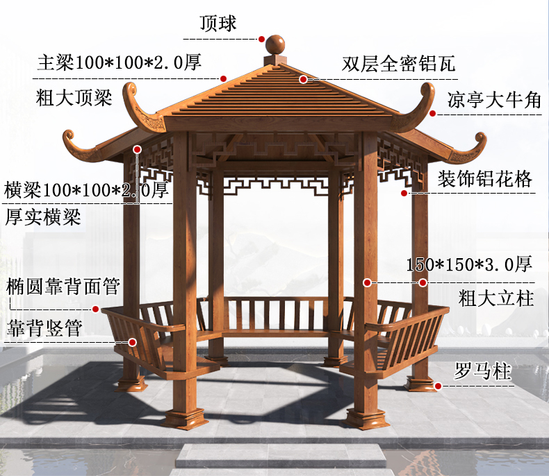 商品名称:天裕成户外铝合金凉亭别墅庭院花园露天民宿休闲灯带亭子