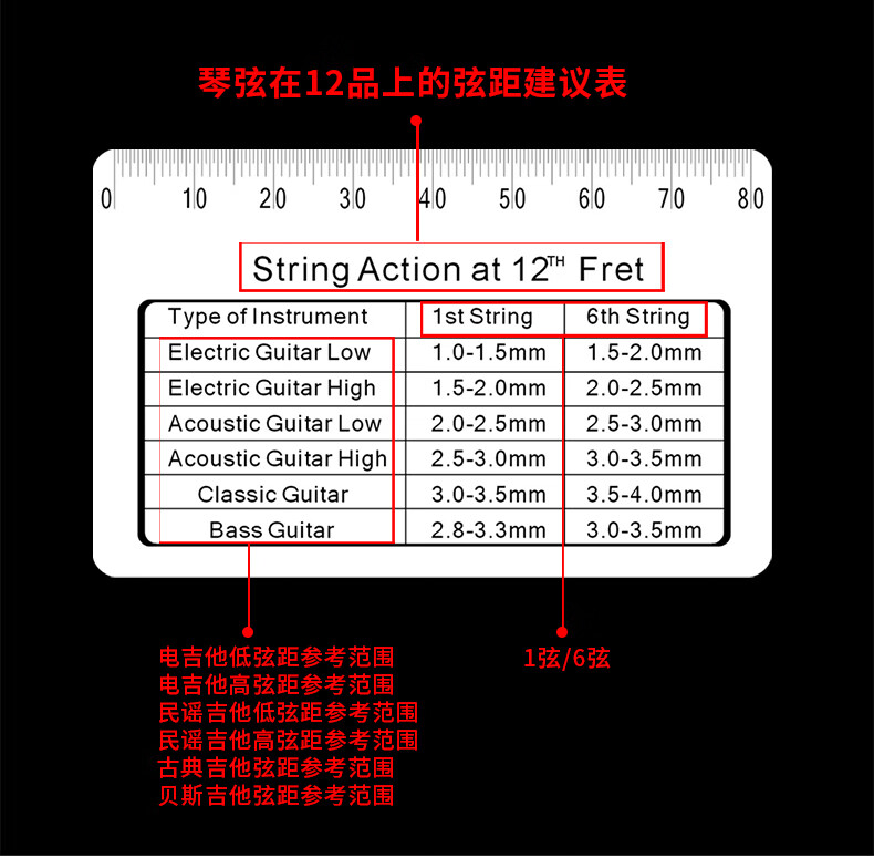 吉他弦距测量尺民谣电木吉他贝斯调弦高测量弦距调琴颈工具乐器配件