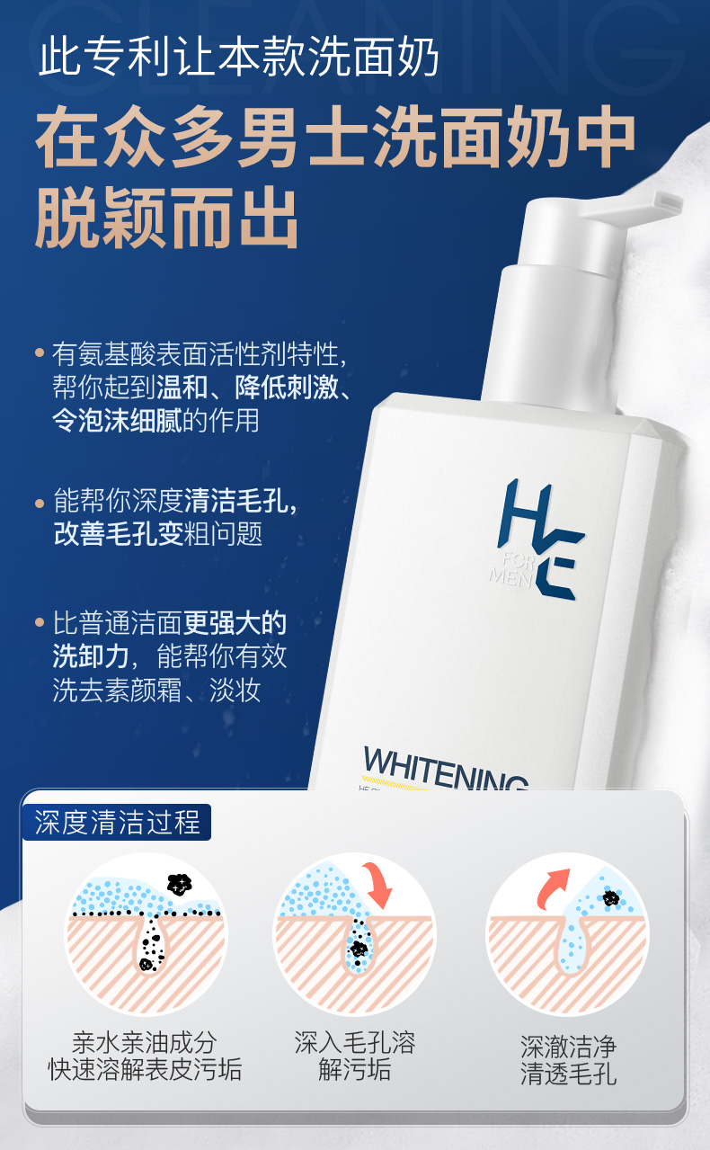 赫恩（H&E） 男士美白洗面奶控油去角质洁面乳保湿补水深层清洁套装 美白200g+美白霜50g