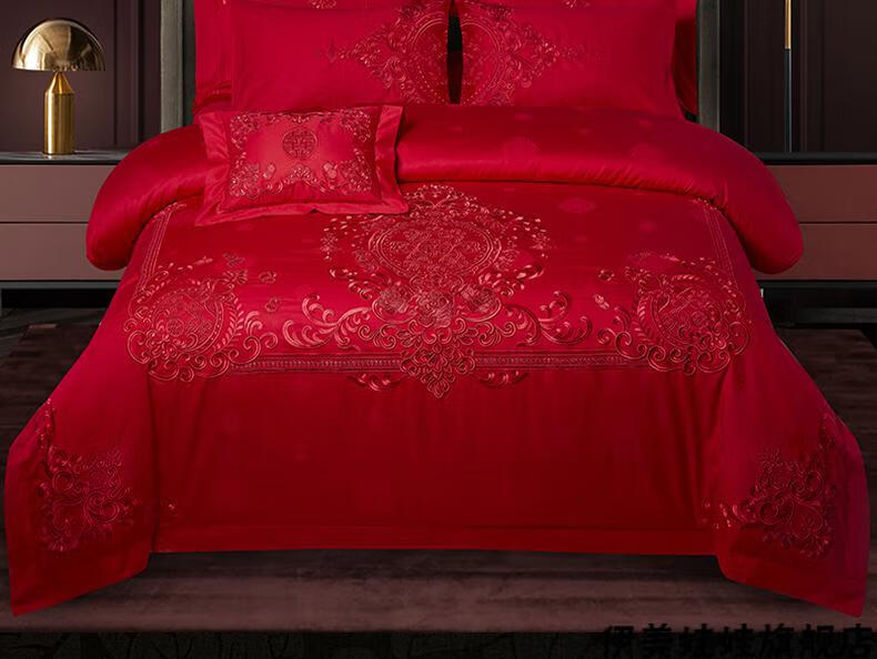 婚床六件套 100s支婚庆四件套大红色龙凤婚房床上用品喜被子结婚六十